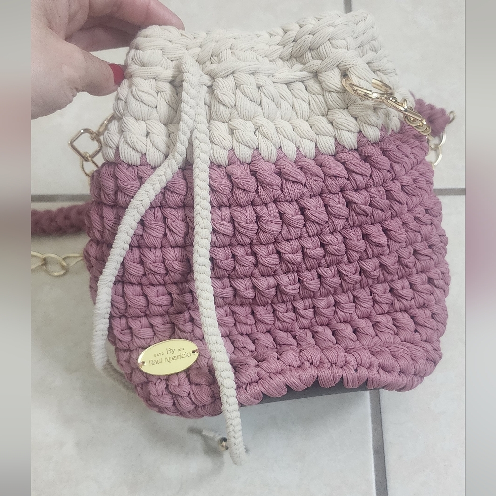 By Raul Aparicio Handcrafted Pink and Cream‎ Crochet Bag.